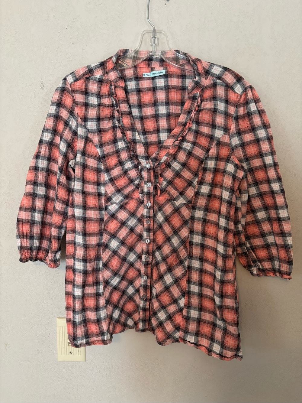 Maurices Coral and Black Plaid Ruffle Button-Down Top